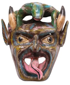 LARGE MEXICAN FOLK ART CARVED & PAINTED EL DIABLO MASK