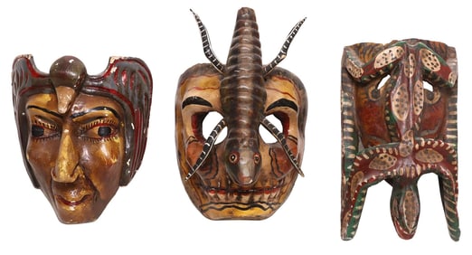 (3) MEXICO FOLK ART PAINTED FIGURAL DANCE MASKS