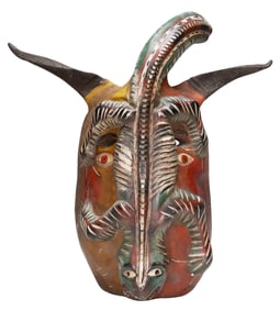 LARGE MEXICAN FOLK ART CARVED & PAINTED EL DIABLO & LIZARD MASK