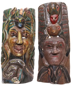 (2) LARGE MEXICAN FOLK ART CARVED & PAINTED FIGURAL DANCE MASKS