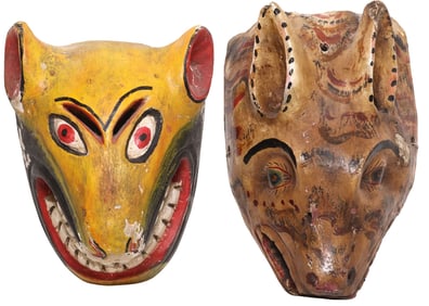 (2) MEXICAN FOLK ART CARVED & PAINTED WOOD ANIMAL MASKS