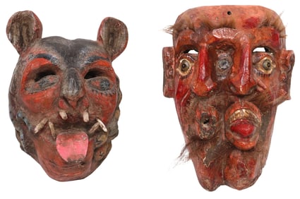 (2) MEXICAN FOLK ART CARVED & PAINTED WOOD DANCE MASKS