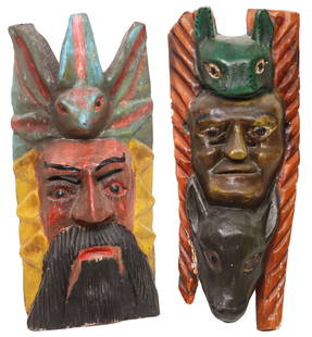 (2) LARGE MEXICO FOLK ART CARVED & PAINTED WOOD DANCE MASKS: (lot of 2) Large carved and polychrome painted folk art masks, Mexico, likely Guerrero, including:&nbsp;(1) king, bearded man with fanned fox head headdress, approx 18.5&quot;h, 8.5&quot;w, 5&quot;d;&