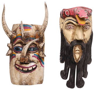 (2) MEXICAN FOLK ART CARVED & PAINTED WOOD FIGURAL MASKS: (lot of 2) Folk art polychromed carved wood masks, Mexico, including: (1) Barbones/ bearded man with snake resting on head, approx&nbsp;16.5&quot;h, 7&quot;w, 8&quot;d, (1) El Diablo (the devil) with