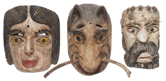 (3) MEXICAN FOLK ART CARVED & PAINTED FIGURAL AND ANIMAL MASKS