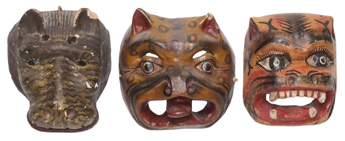 (3) MEXICAN FOLK ART CARVED & PAINTED ANIMAL DANCE MASKS