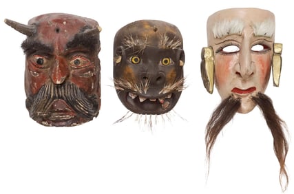 (3) MEXICAN FOLK ART CARVED & PAINTED FIGURAL MASKS