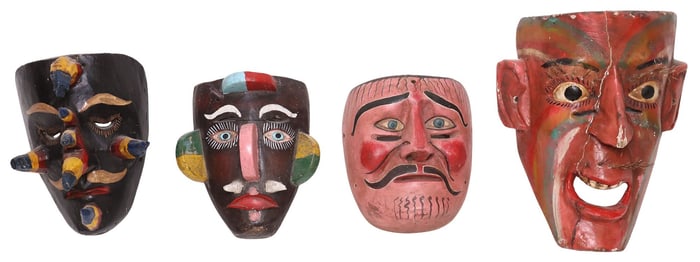 (4) MEXICAN FOLK ART CARVED & PAINTED WOOD DANCE MASKS
