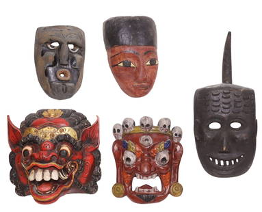 (5) COLLECTION OF CARVED & PAINTED WOOD MASKS: (lot of 5) Collection of Asian and other carved wood masks, including: (1) Yao priest/ shaman mask, likely Chinese or Southeast Asian, (1) depicting the Barong spirit, Bali, Indonesia, with gilt accen