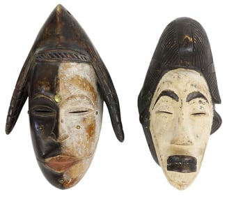 (2) AFRICAN PUNU CARVED WOOD MASKS, WHITE FACE & MUKUDJ