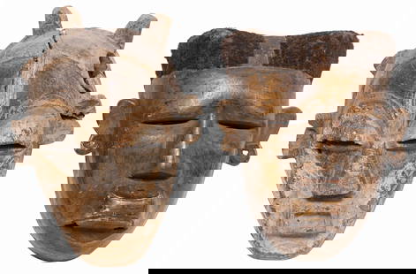 (2) LARGE AFRICAN CARVED WOOD MASKS: (lot of 2) African carved wood masks,&nbsp;including:(1) likely Makonde peoples, Tanzania, with applied hair, pierced ears and protruding upper lip, approx 10.5&quot;h, 8.5&quot;w, 4.5&quot;d; (1) lik