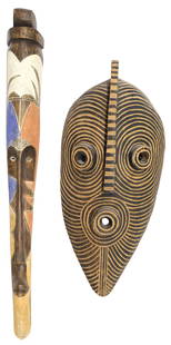 (2) LARGE AFRICAN CARVED & POLYCHROMED WOOD MASKS: (lot of 2) Large African carved wood masks, of varied style and design, including: (1) elongated polychromed mask, likely Fang peoples, Gabon,&nbsp;approx&nbsp;44.5&quot;h, 5.25&quot;w, 4&quot;d; (1)
