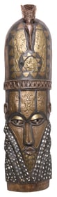LARGE WEST AFRICAN CARVED & BRASS-MOUNTED FIGURAL MASK, 36.25"H