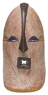 CONGO SONGYE KIFWEBE CARVED & PIGMENTED WOOD MASK: African carved wood Kifwebe (Bifwebe) mask, Songye peoples, Democratic Republic of the Congo, having pierced crescent eyes, projecting features, incised parallel lines, highlighted with white, red, an