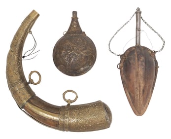 (3) NORTH AFRICA 19TH C. POWDER FLASK & POWDER HORN