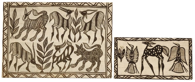 (2) WEST AFRICAN SENUFO PEOPLE KORHOGO MUD CLOTH TAPESTRY PANELS