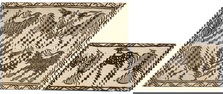 (2) WEST AFRICAN SENUFO PEOPLE KORHOGO MUD CLOTH TAPESTRY PANELS: (lot of 2) Large Korhogo mud cloth tapestry panels, Senufo peoples, West Africa, on stitched fila cloth canvas, depicting various animals and plant motifs, largest: approx 49"h, 70"w, smalle