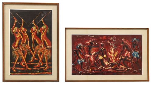 (2) AFRICAN SHADOWBOX FRAMED OIL TRIBAL PAINTINGS, 1 SIGNED