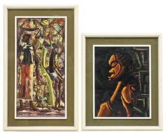 (2) AFRICAN SHADOWBOX FRAMED FIGURAL OIL PAINTINGS, 1 SIGNED