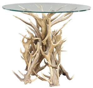 RUSTIC GLASS-TOP ANTLER PEDESTAL CENTER TABLE, 35"DIAM