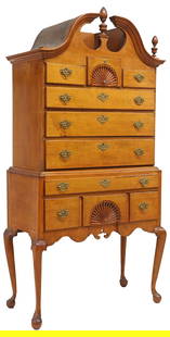 AMERICAN QUEEN ANNE MAPLE BONNET-TOP TALLBOY: American Queen Anne maple high chest of drawers, late 18th/ early 19th c., bonnet top pediment, upper section with three short drawers and three graduated long drawers, lower section with two drawers,