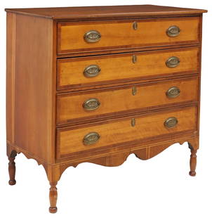 AMERICAN SHERATON CHERRY & MAPLE CHEST OF DRAWERS: American Sheraton fruitwood and maple chest of drawers, 19th c., four long drawers with contrasting panels, shaped apron, on turned legs, areas veneer loss at lower right side panel, approx 38.75"h, 4