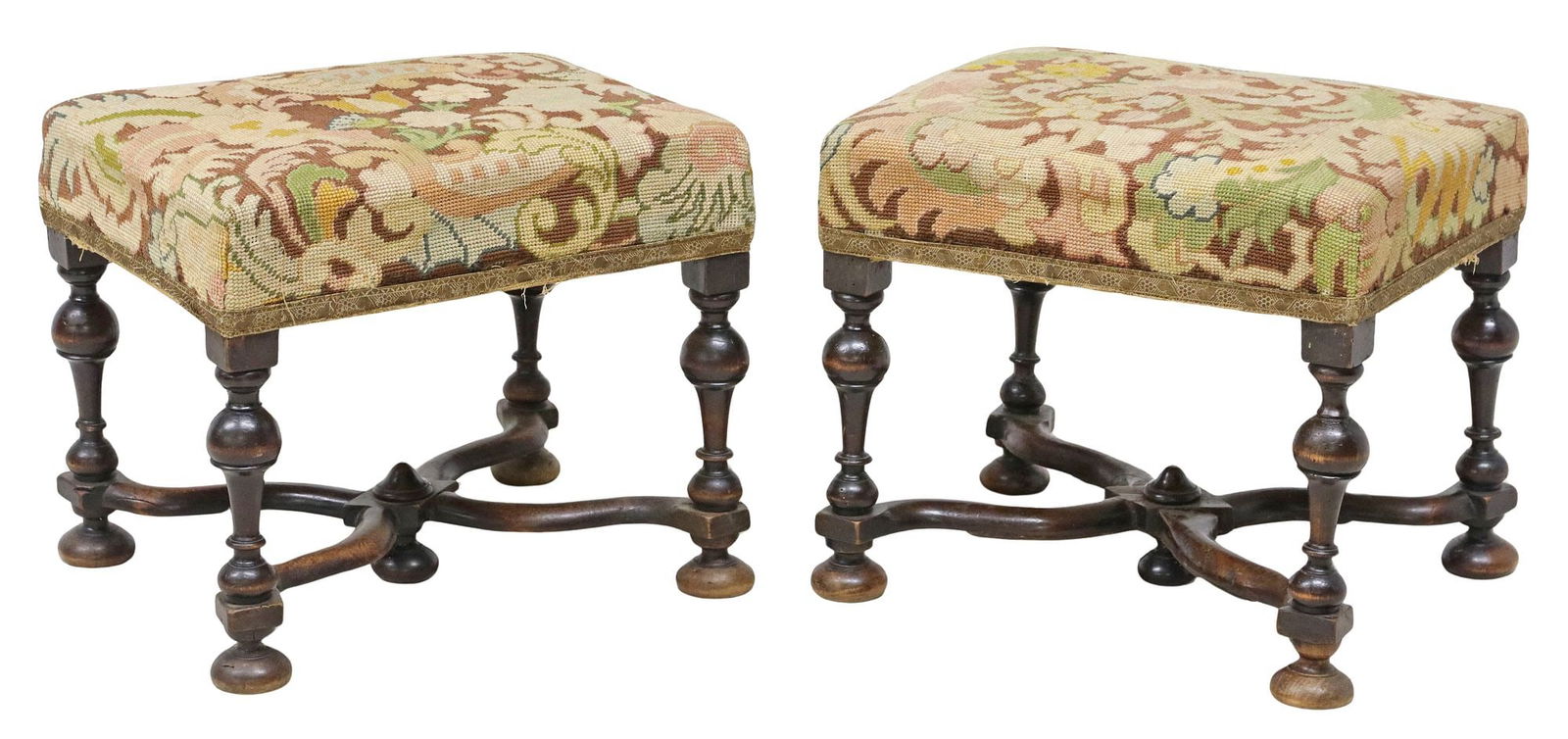 (2) ENGLISH WILLIAM & MARY STYLE NEEDLEWORKED STOOLS (1 of 3)