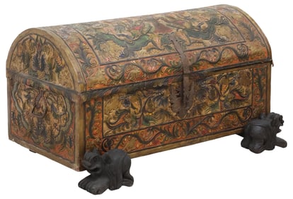 SPANISH COLONIAL STYLE POLYCHROMED & EMBOSSED LEATHER DOME TOP TRUNK