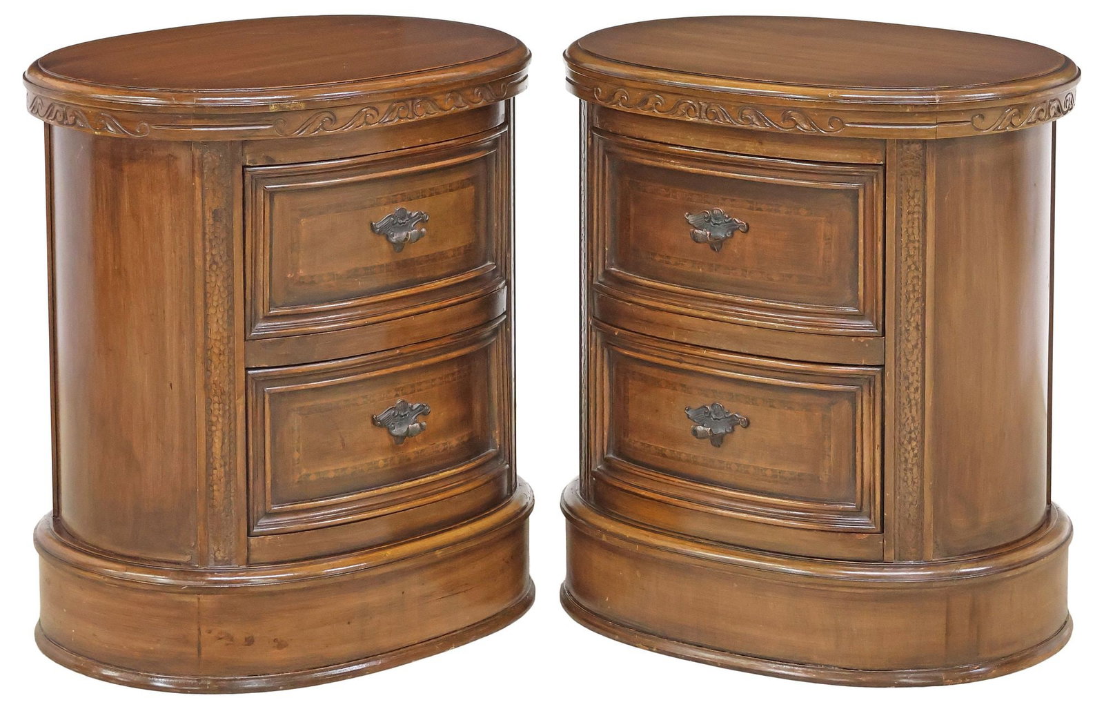(2) ITALIAN CARVED MAHOGANY OVULAR NIGHTSTANDS: (pair) Italian carved mahogany nightstands, early 20th c., having ovular frame over scrolled accents, two drawers with shaped pull, surrounded by textured ornamentation, approx 21 5/8"h, 19.75&qu
