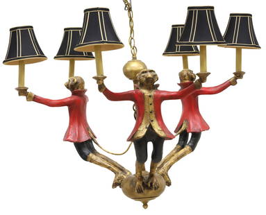BILL HUEBBE (ATTRIB) MONKEY FOOTMEN SIX-LIGHT CHANDELIER: Whimsical six-light composite chandelier, attributed to Bill Huebbe (1929-2013), 20th c., three monkeys dressed as footmen supporting faux candles, accompanied by two sets of fabric shades, (one) blac