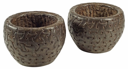 (2) CELTIC STYLE CARVED HARDSTONE PLANTERS OR JARDINIERES