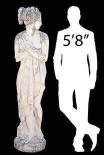 CAST STONE GARDEN STATUARY VENUS ITALICA AFTER CANOVA, 68"H: Cast stone garden statuary, 20th c., Venus Italica, after Antonio Canova (Italian, 1757-1822), rising on circular foot, evidence of outdoor use, approx 68.5"h, 19"diam **PLEASE NOT