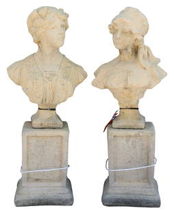(2) CAST STONE GARDEN STATUARY FEMALE BUSTS ON PLINTHS: (lot) Cast stone garden statuary female busts, each raised on square plinth, including: (1) Marianne, bust only: approx 23.5"h, 17"w, 10"d; (1) Jasmine, bust only: approx 23.5"