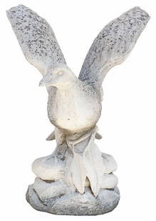 LARGE CAST STONE GARDEN STATUE, EAGLE, 28"H: Large cast stone garden statue, Eagle, 20th c., the figure with spread wings, standing on a rocky perch, approx 28"h, 22"w, 23"d **PLEASE NOTE: All of the cast stone and garden pieces i