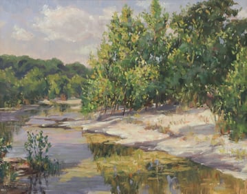 BRIAN GRIMM (B.1968) TEXAS PAINTING, 'SUMMER MORNING ON ONION CREEK'