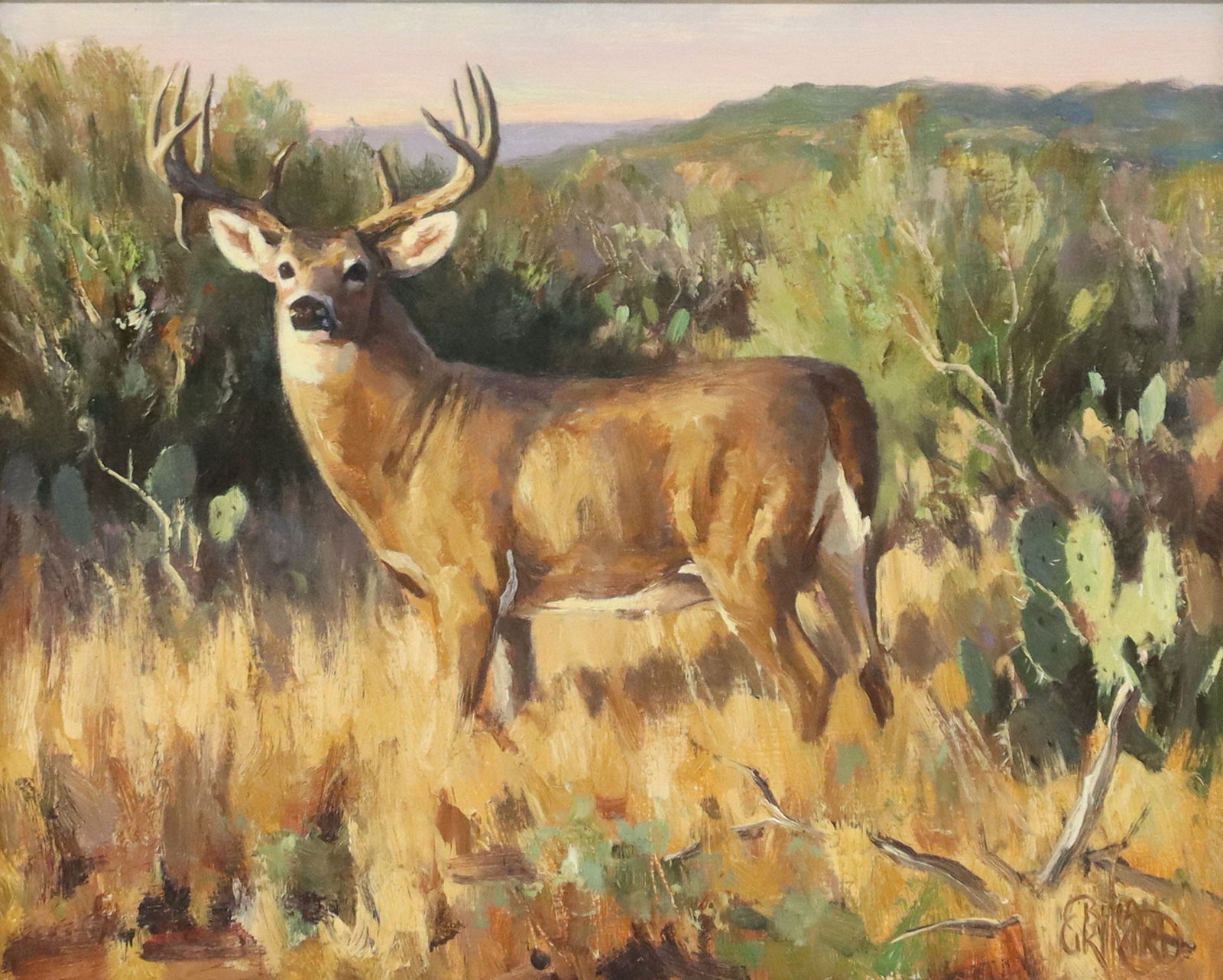 BRIAN GRIMM (B.1968) TEXAS WILDLIFE PAINTING, 'ONE DROP TINE': Framed oil on board painting, "One Drop Tine," signed lower right Brian Grimm (Brian A. Grimm, Texas, b.1968), signed again with title and 2006 date at verso, sight: approx 7.5&quo