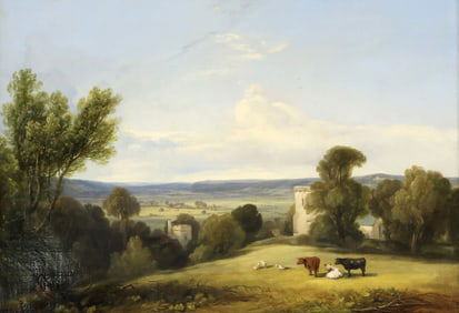COPLEY FIELDING (ATTRIB) OIL PAINTING CATTLE GRAZING ABOVE A VALLEY