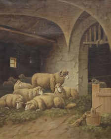 W. HARLEY OIL PAINTING BARN INTERIOR WITH SHEEP