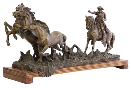 PATINATED BRONZE WESTERN SCULPTURE ON STAND, GAUCHO & MUSTANGS