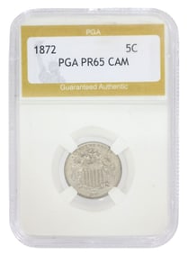 U.S. SHIELD NICKEL, 1872, PGA GRADED PR65 CAM