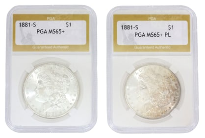 (2) U.S. MORGAN SILVER DOLLARS, 1881-S, PGA MS65+