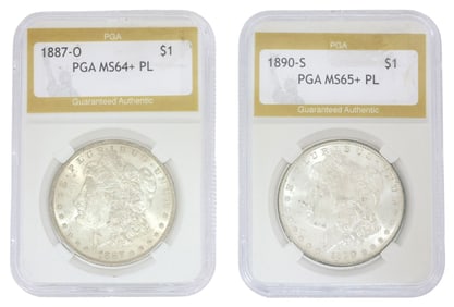 (2) U.S. MORGAN SILVER DOLLARS, 1887-O & 1890-S, PGA MS64 & MS65