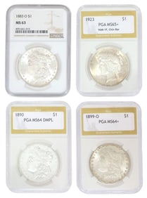 (4) U.S. SILVER DOLLARS, GRADED, 1883-O, 1890, 1899-O, 1923, NGC & PGA