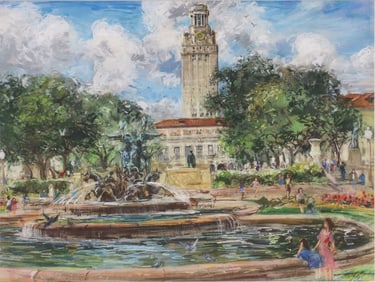KAMIL KUBIK (1930-2011) OIL PASTEL DRAWING, LITTLEFIELD FOUNTAIN & UT TOWER