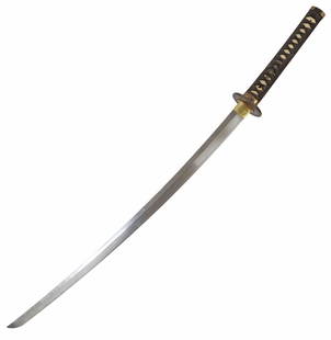 SIGNED JAPANESE SAMURAI SWORD: Japanese sword, the 26.5&quot; bright steel blade with Japanese character markings appearing only on the nakajo or blade tang which is covered by a wood handle with silk wrapping and ray skin, blade i