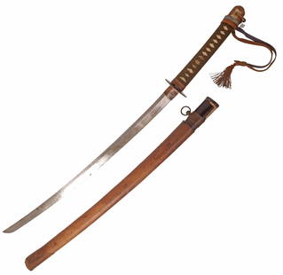 WWII JAPANESE OFFICER SWORD, PHILIPPINES: Japanese Sword, WWII era, having a 24&quot; blade steel blade, the blade tang (nakajo) is unmarked, a sharkskin and wood handle with silk wrapping&nbsp;held to the tang by a wood peg, housed dark brow