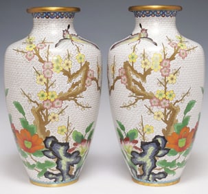 (2) CHINESE CLOISONNE ENAMEL BUTTERFLY MOTIF VASES, 15.25"H