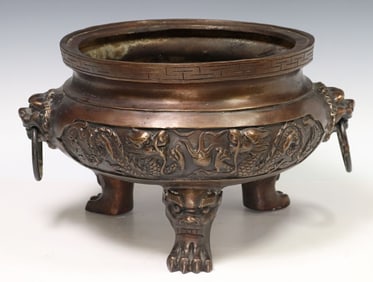 LARGE CHINESE BRONZE FOOTED CENSER/INCENSE BURNER