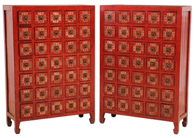 (2) CHINESE RED LACQUER APOTHECARY CHESTS