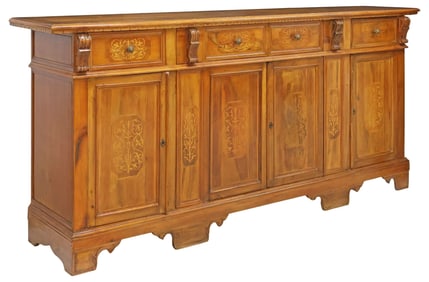 LARGE ITALIAN BURLED WALNUT & MARQUETRY SIDEBOARD, 94"L